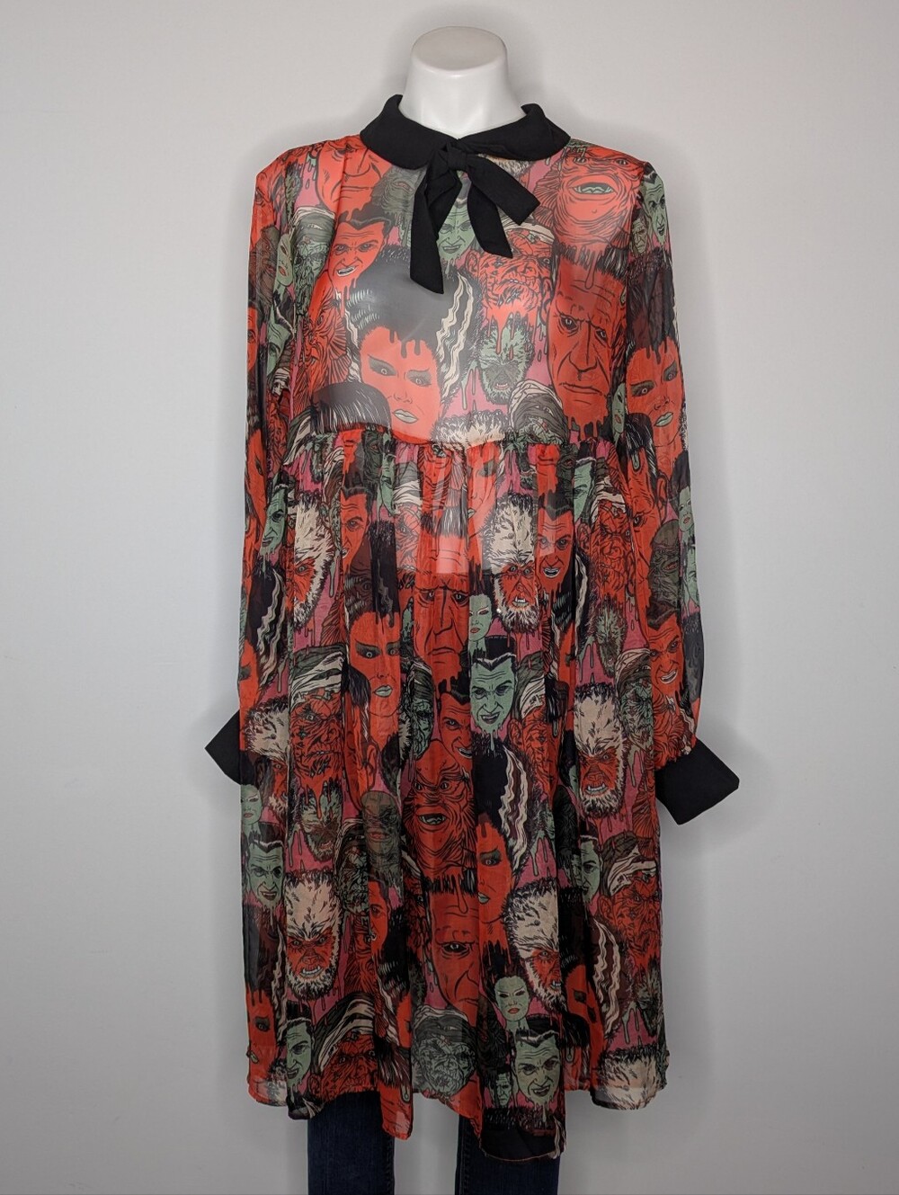 NWT Unique Vintage X Universal Studios Monsters Sheer Chiffon Tie Neck Dress XL